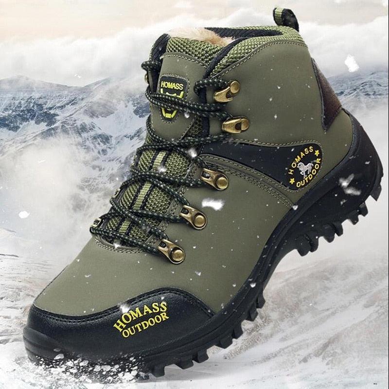 Men's tactical waterproof hiking boots in olive green leather with fur lining and lace-up closure.