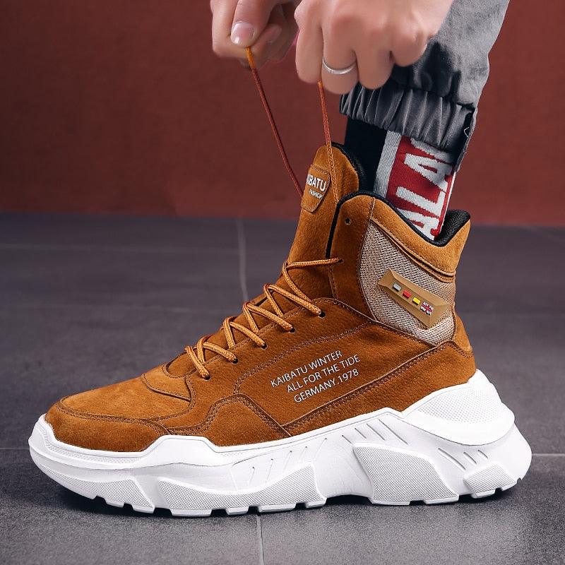 Men's high top streetwear sneakers in black, brown, and white with non-slip rubber soles