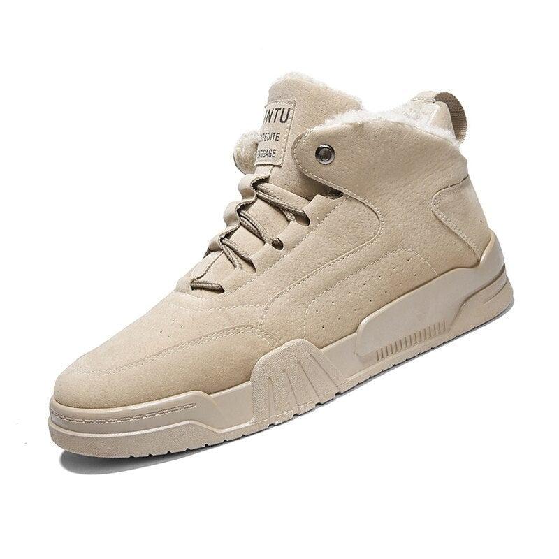 Men's neutral monochromatic beige high-top winter snow boots with plush lining and rugged anti-slip outsole