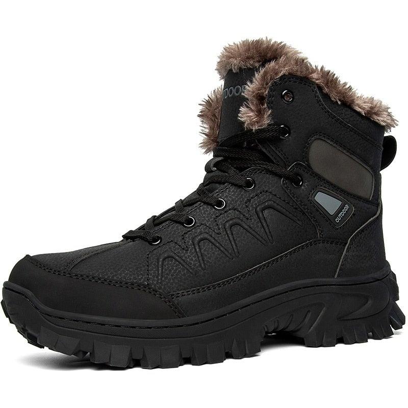 A pair of waterproof men's leather winter snow boots with faux fur lining and non-slip rubber soles.