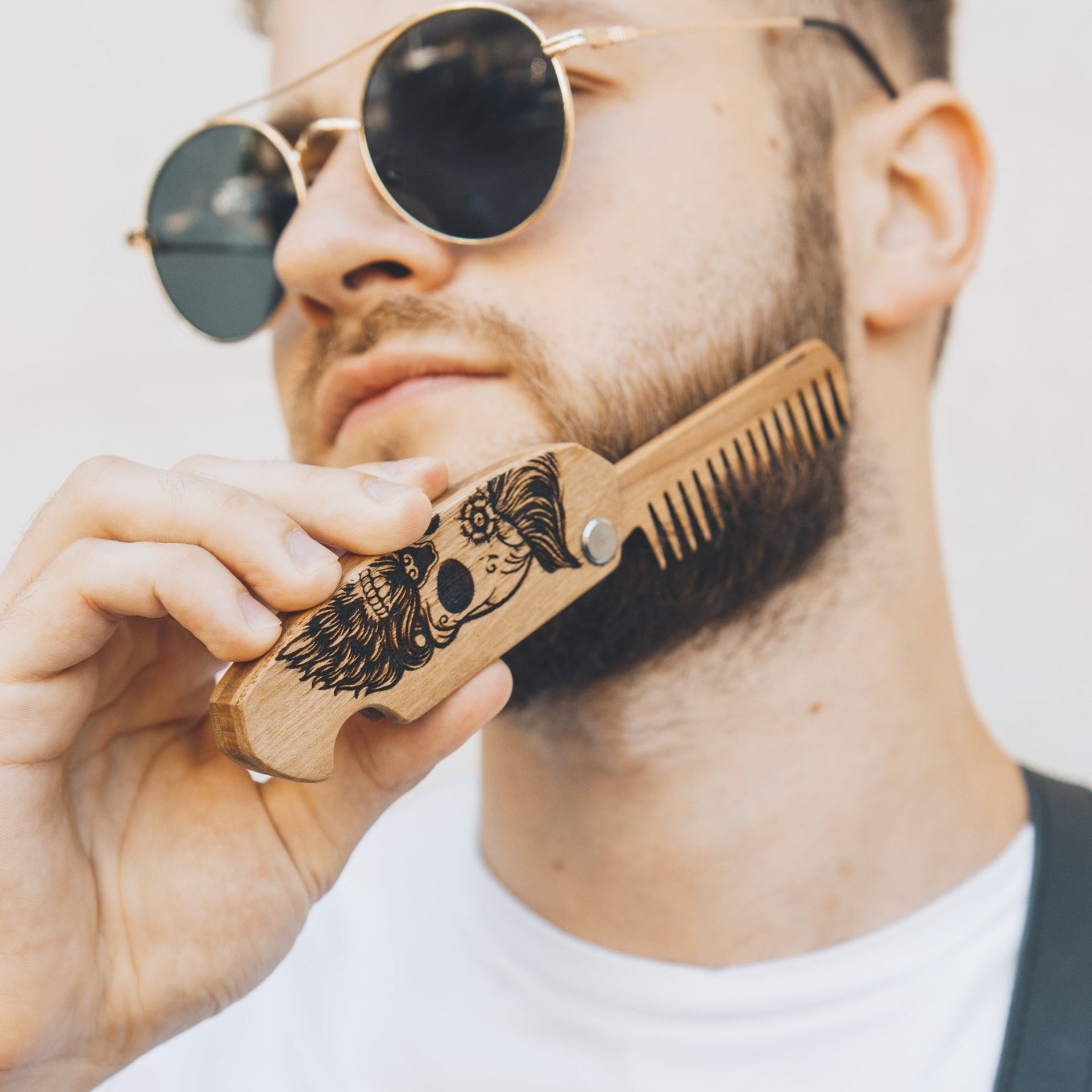 Sugar Skull Wooden Beard Comb - Durable Walnut Grooming Tool