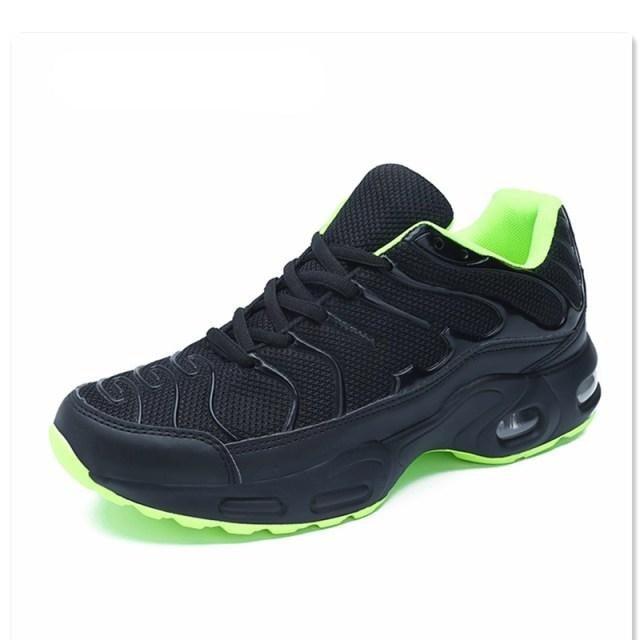Men's athletic air cushion running sneakers in black, neon green, and red