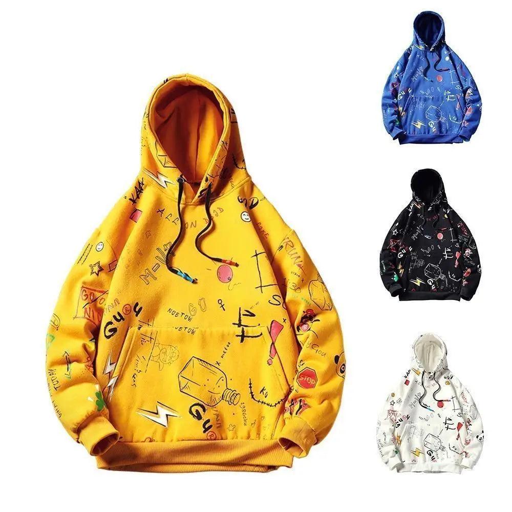 Men's vintage yellow loose fit hoodie with letter printing and streetwear aesthetic