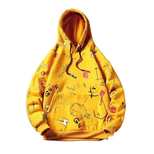 Men's Vintage Yellow Graphic Hoodie Loose Fit Hip Hop Streetwear