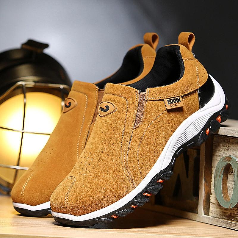 Men's lightweight breathable slip-on walking shoes in a knit fabric design