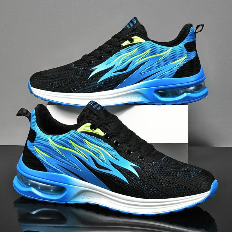 Unisex air cushion running sneakers in black, blue, red, and yellow with abstract knit pattern
