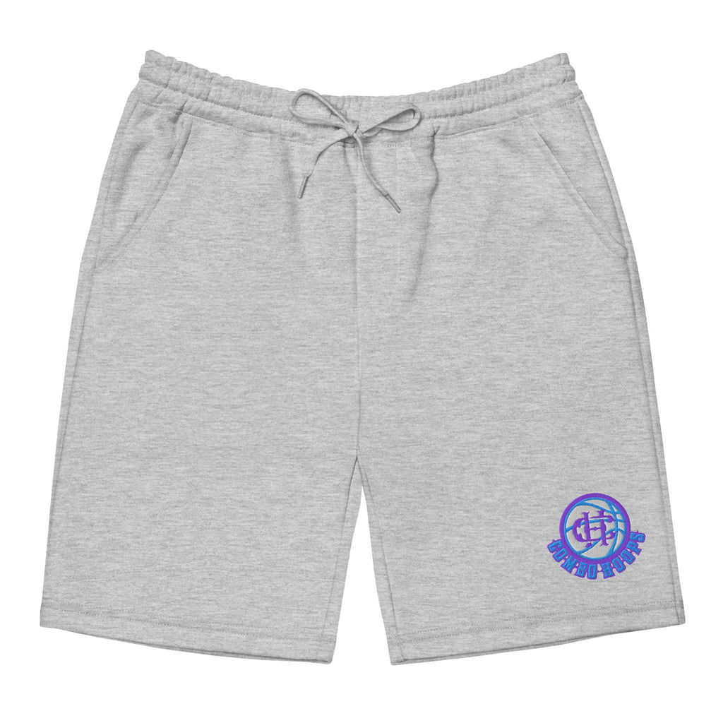Front and back view of grey heather fleece shorts with drawstring and brand logo