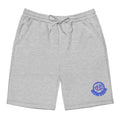 Front and back view of grey heather fleece shorts with drawstring and brand logo