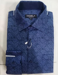 Men's long sleeve navy blue dress shirt featuring a detailed paisley pattern.