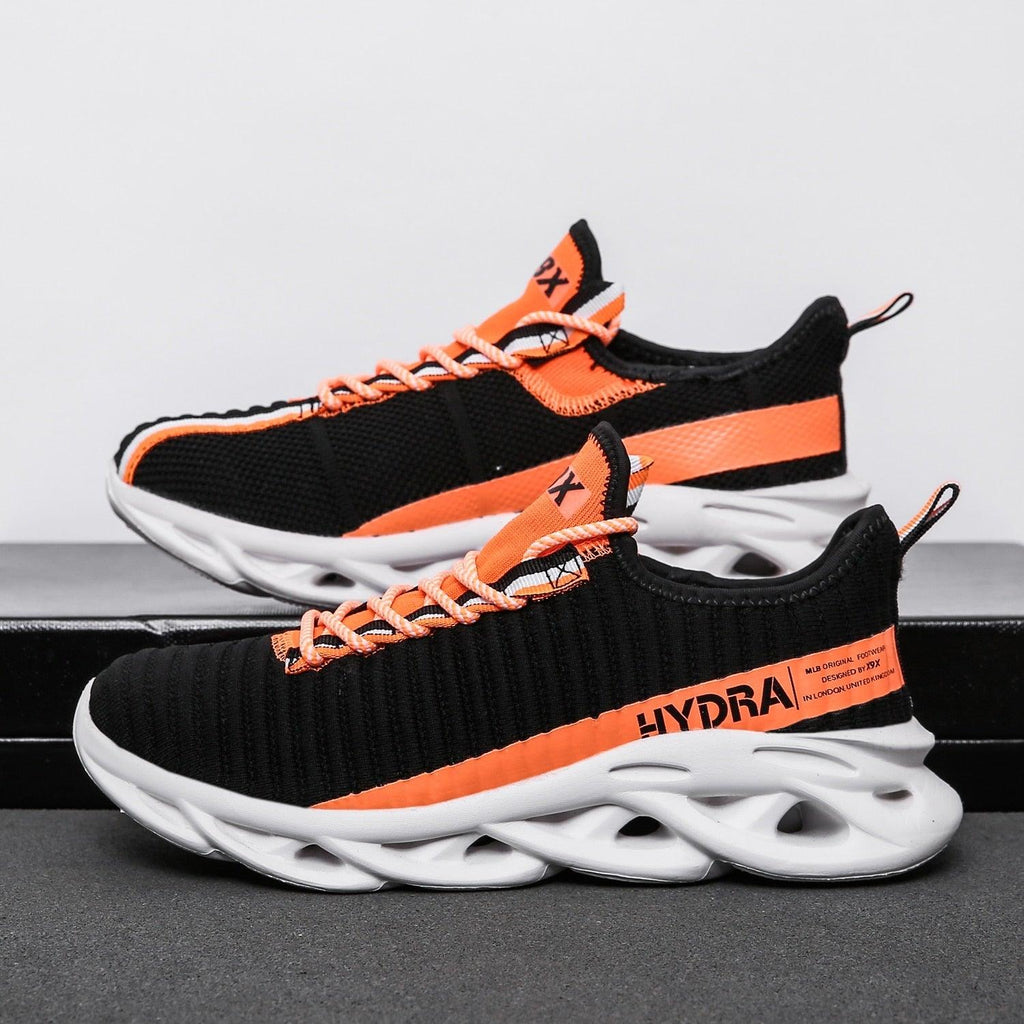 Modern black athletic walking sneakers with breathable mesh
