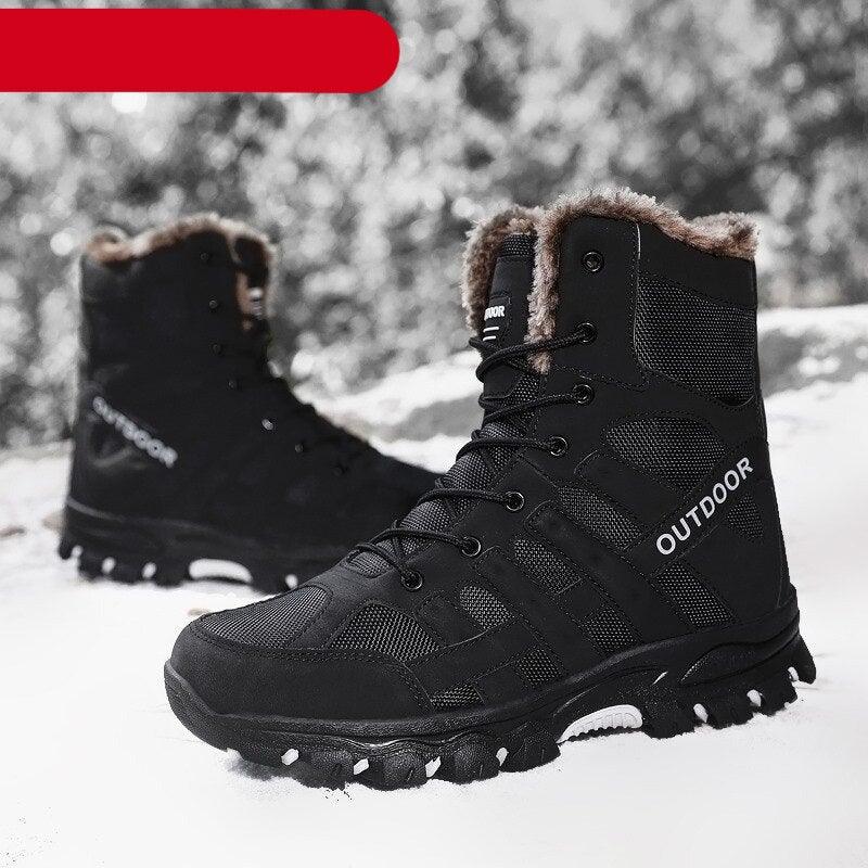 Men's black mid-cut waterproof hiking boots with reinforced rubber toe caps for outdoor mountaineering.
