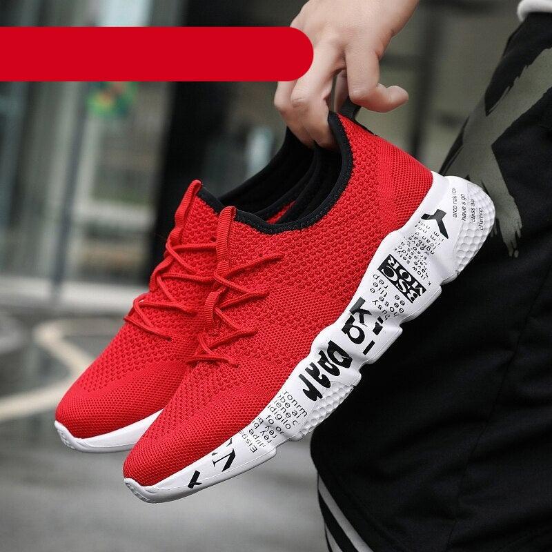 Stevvex men's red lightweight mesh running sneakers with breathable knit upper and cushioned insole