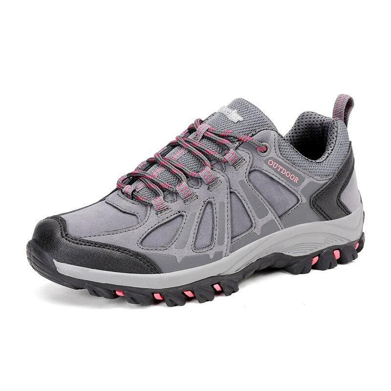 Low-cut non-slip outdoor hiking shoes with rubber toe cap and traction sole for grip.