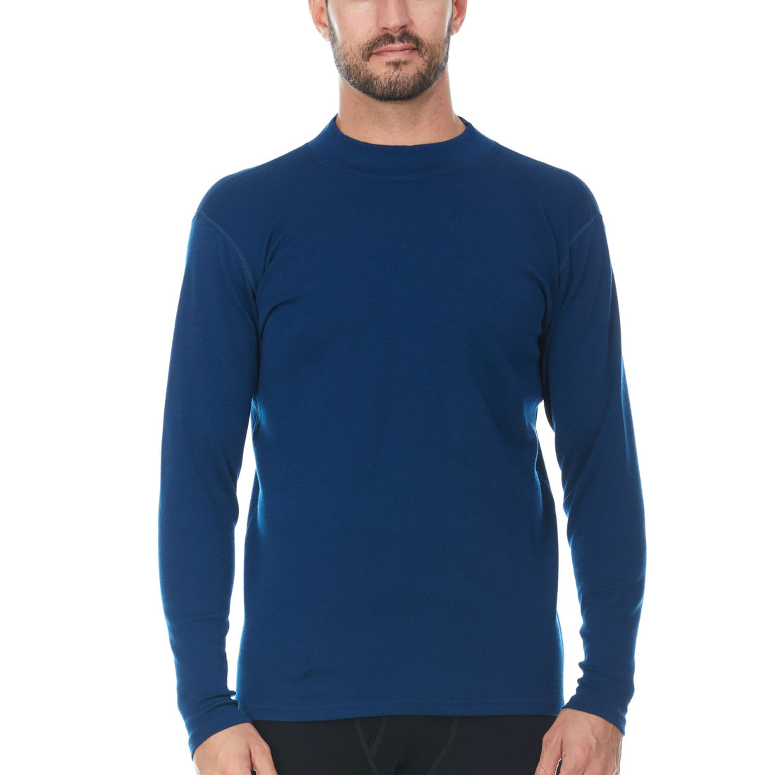 Close-up of a men's solid blue merino wool mock neck top featuring a comfortable knit collar.