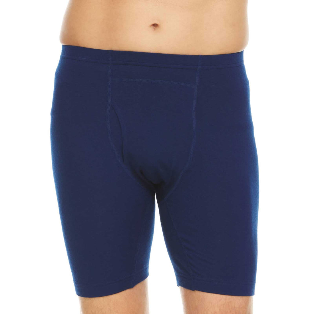 Close-up of Microweight Men's Wool Boxer Briefs in navy, showing the athletic fitted knit fabric.