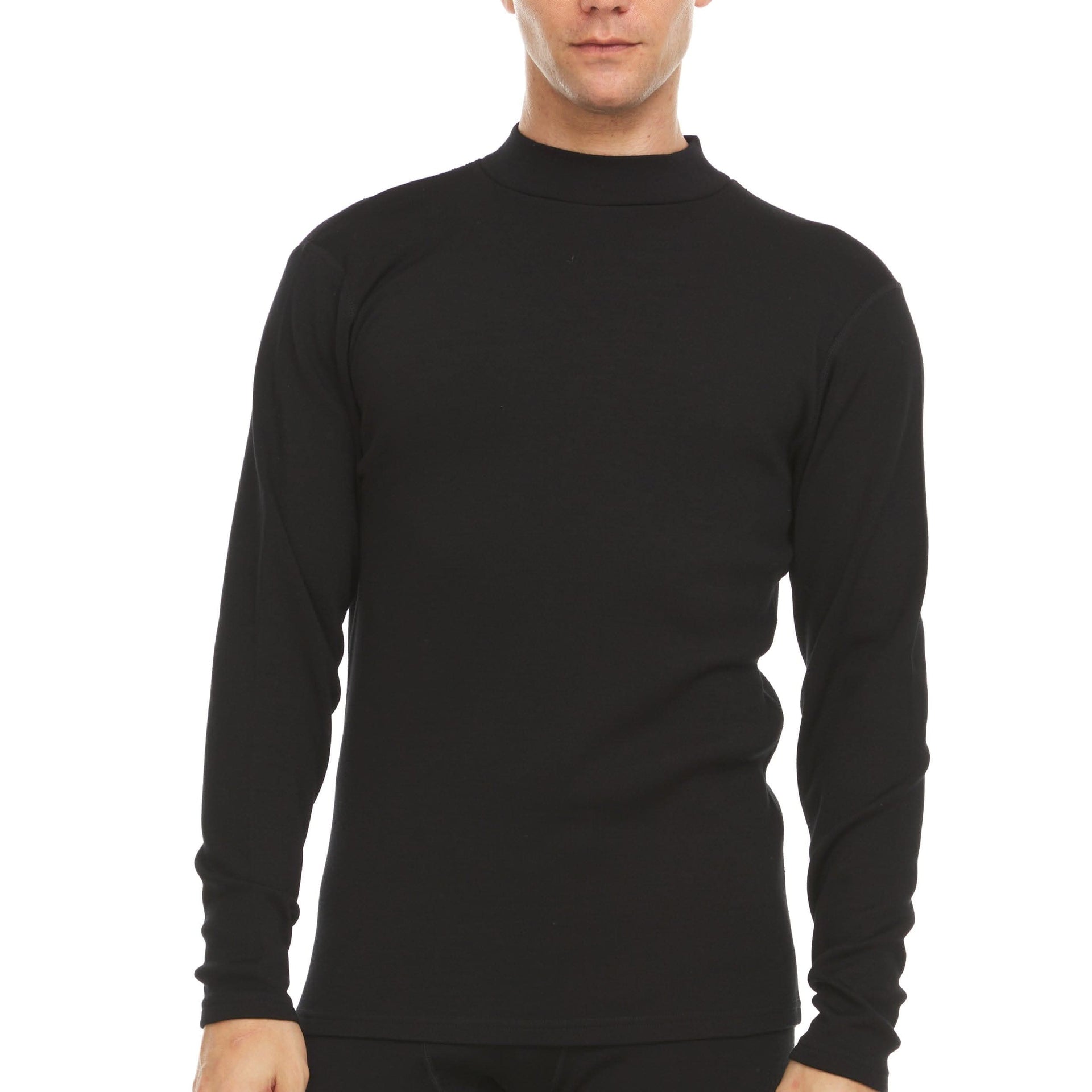 Men's heavyweight solid black merino wool mock neck sweater
