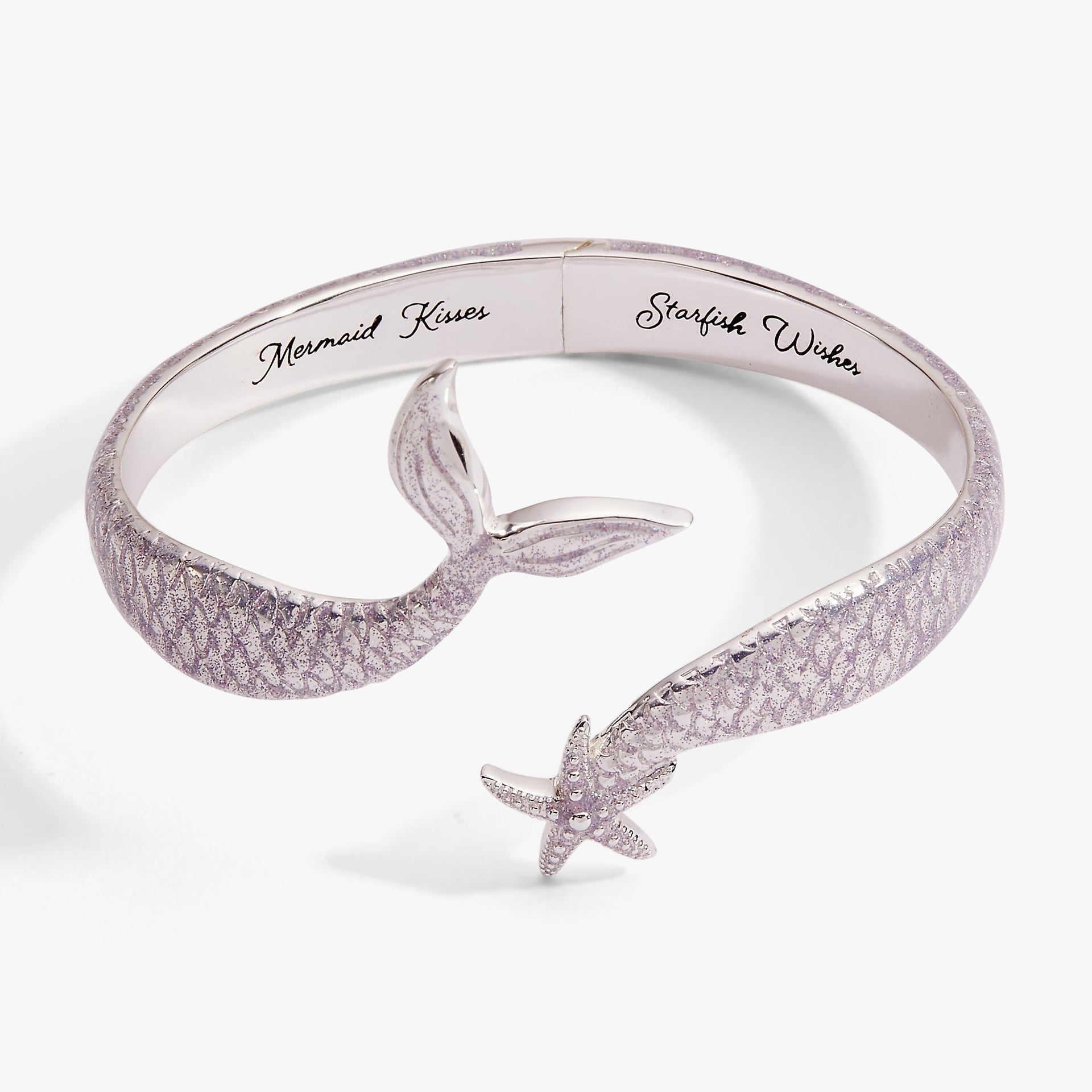 Silver-tone cuff bracelet with iridescent lavender enamel and a delicate starfish charm.