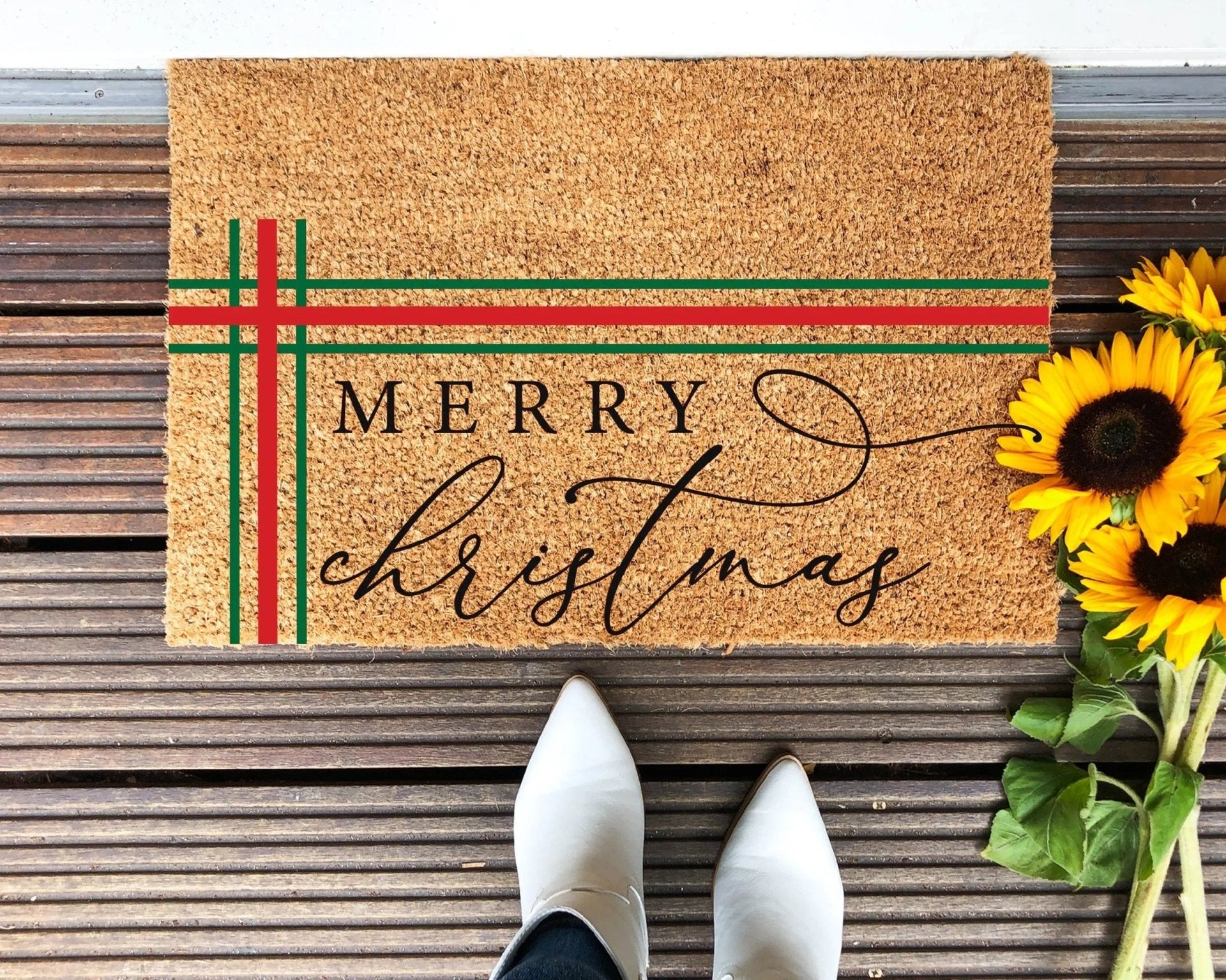 Holiday Merry Christmas doormat in brown with red and green text