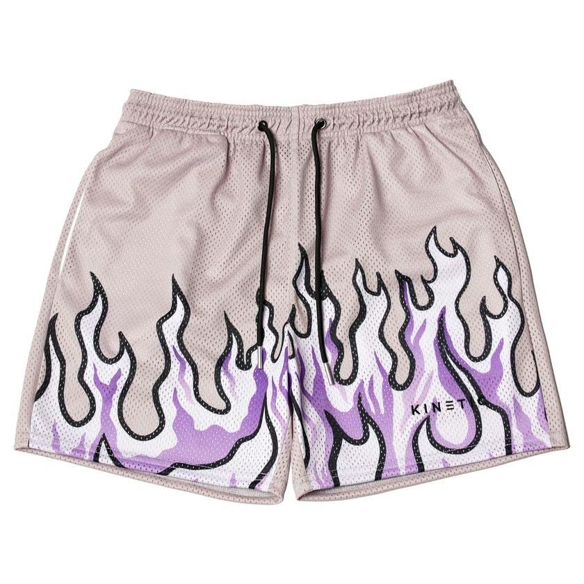 Men's baggy mesh basketball shorts featuring an abstract flame print design, available in multiple colors.