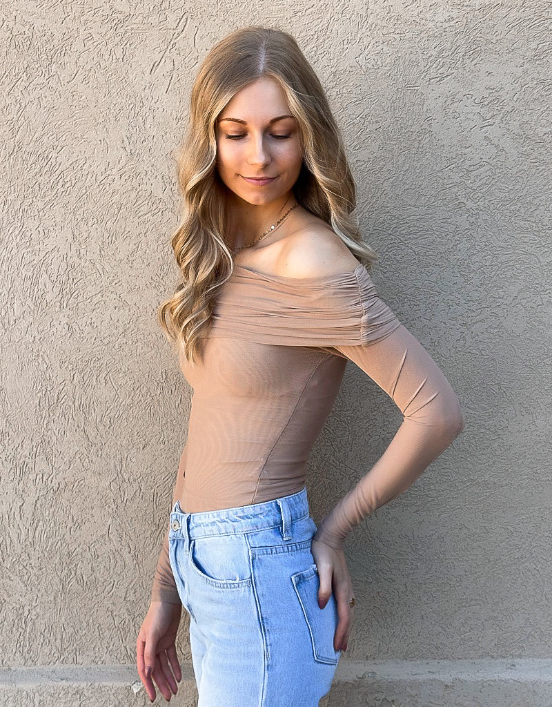 Off The Shoulder Mesh Bodysuit in Taupe