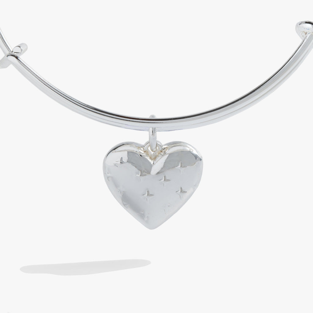 Silver Tone Expandable Heart Charm Bangle with Starburst Detail