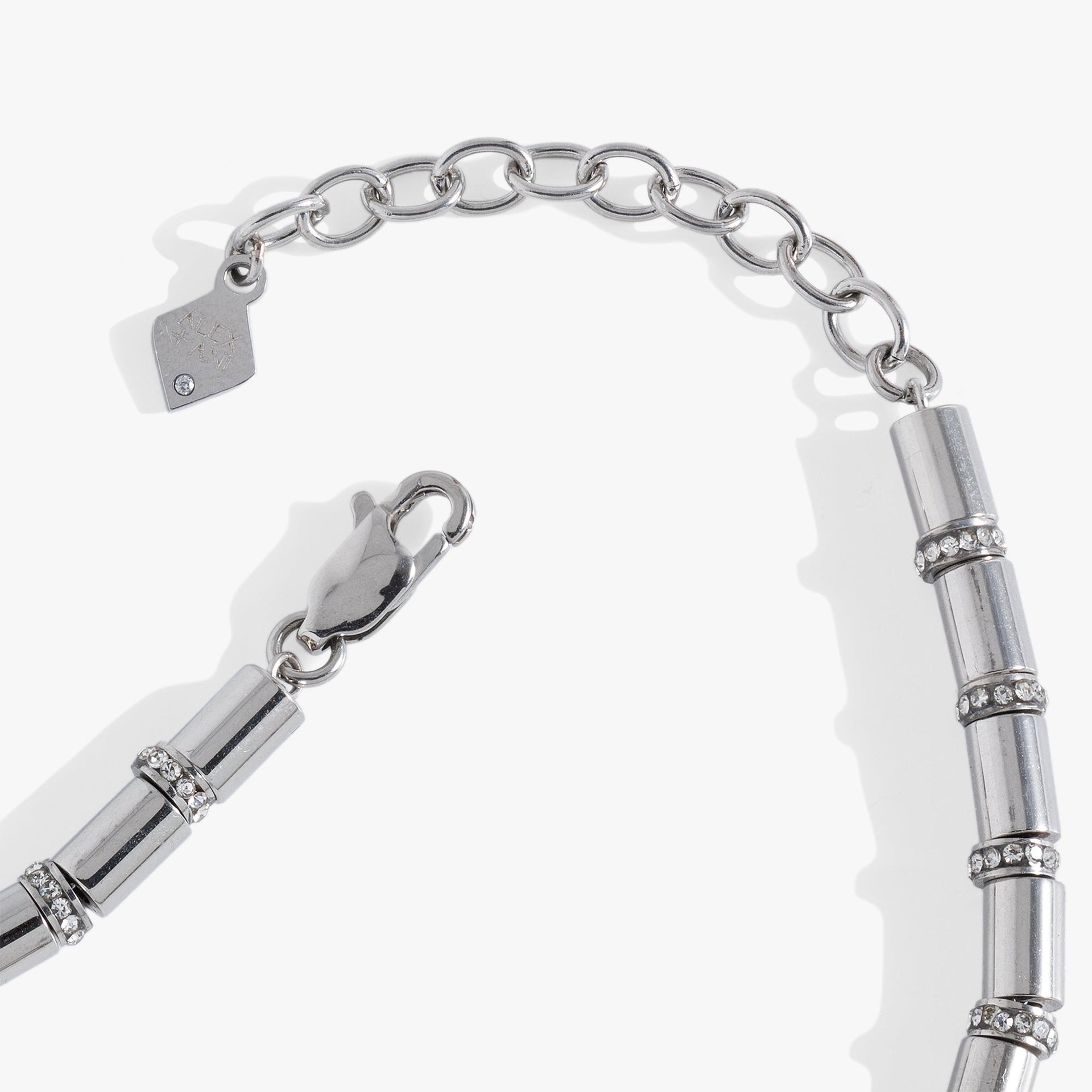 Pavé Tube Bead and Crystal Chain Bracelet in Silver