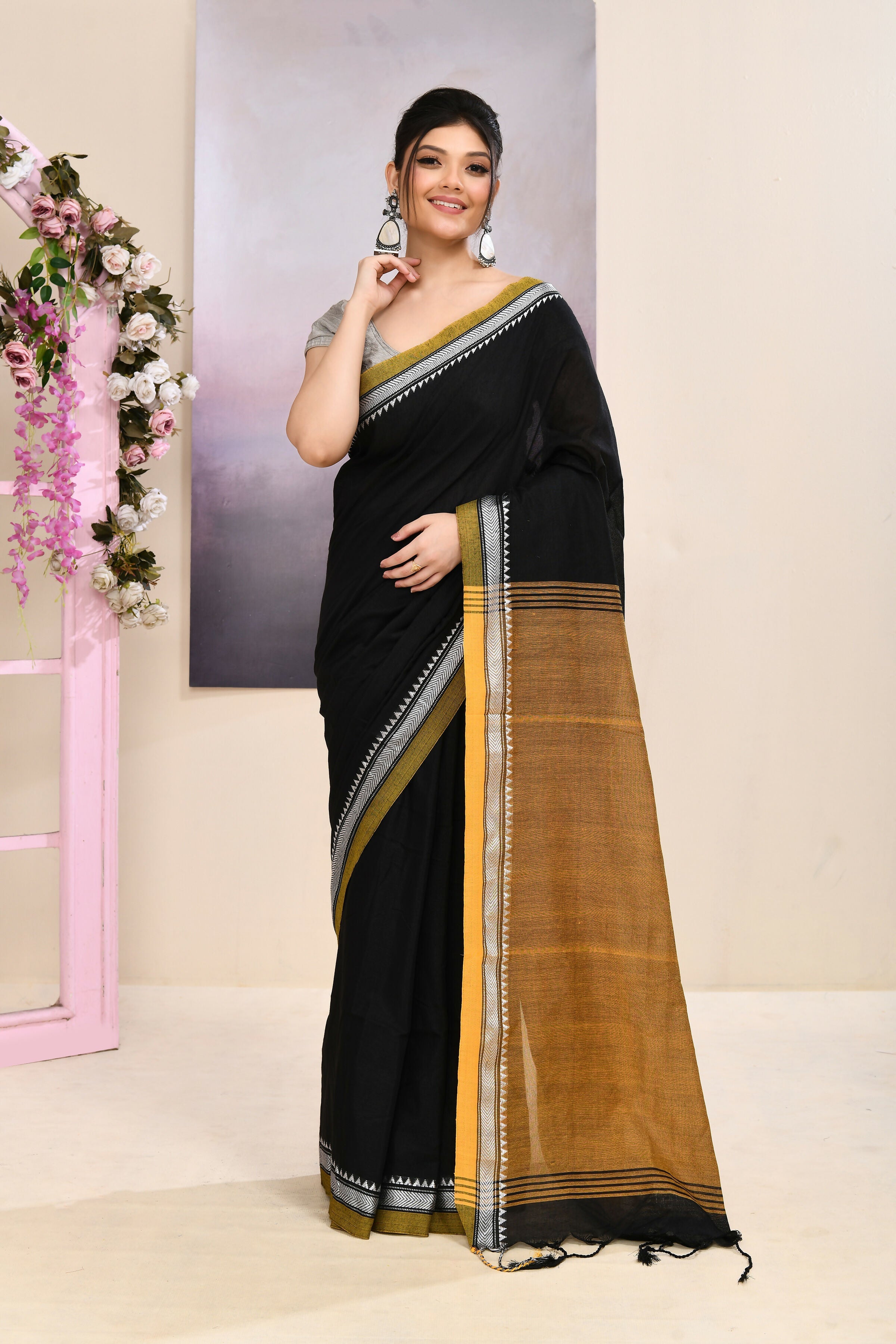 Black Jamdani cotton blend saree with subtle embellishments