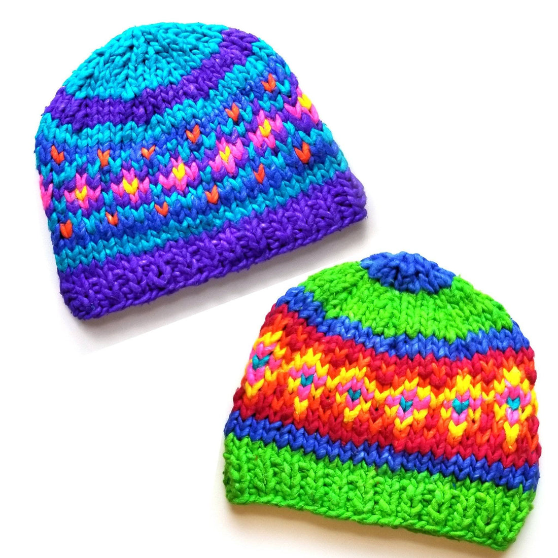 Close up of a vibrant geometric neon knit beanie from the Mexicali Dreams collection