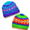 Close up of a vibrant geometric neon knit beanie from the Mexicali Dreams collection