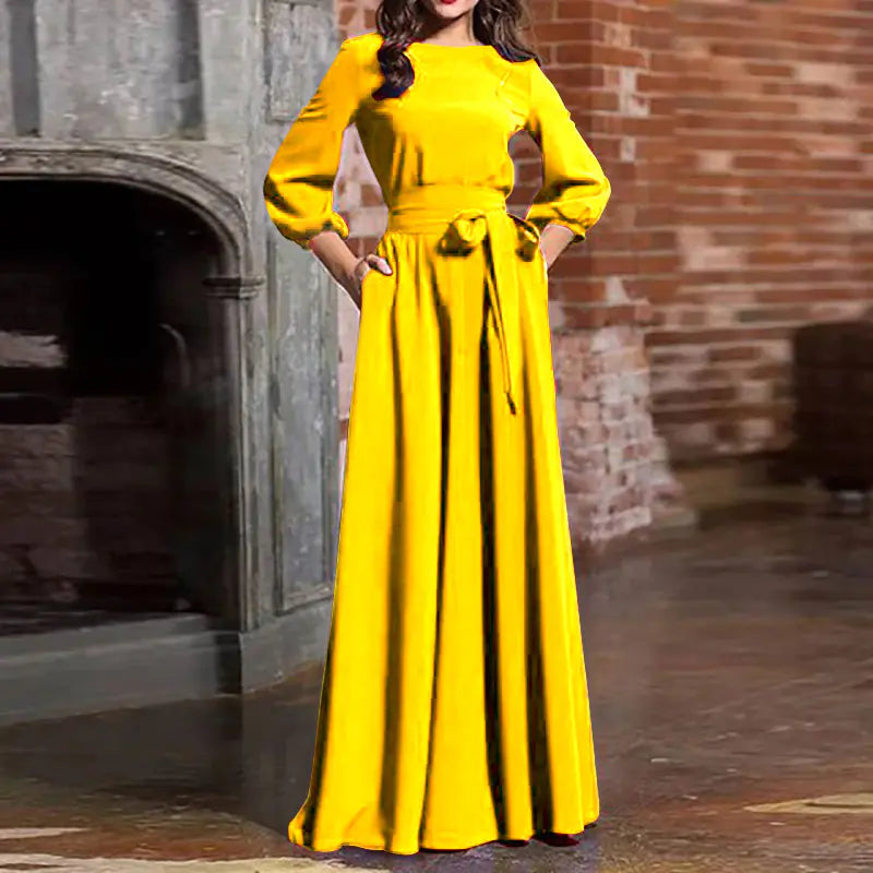 Women's Round Neck Long Sleeve Maxi Dress with Waist Tie - Image 10