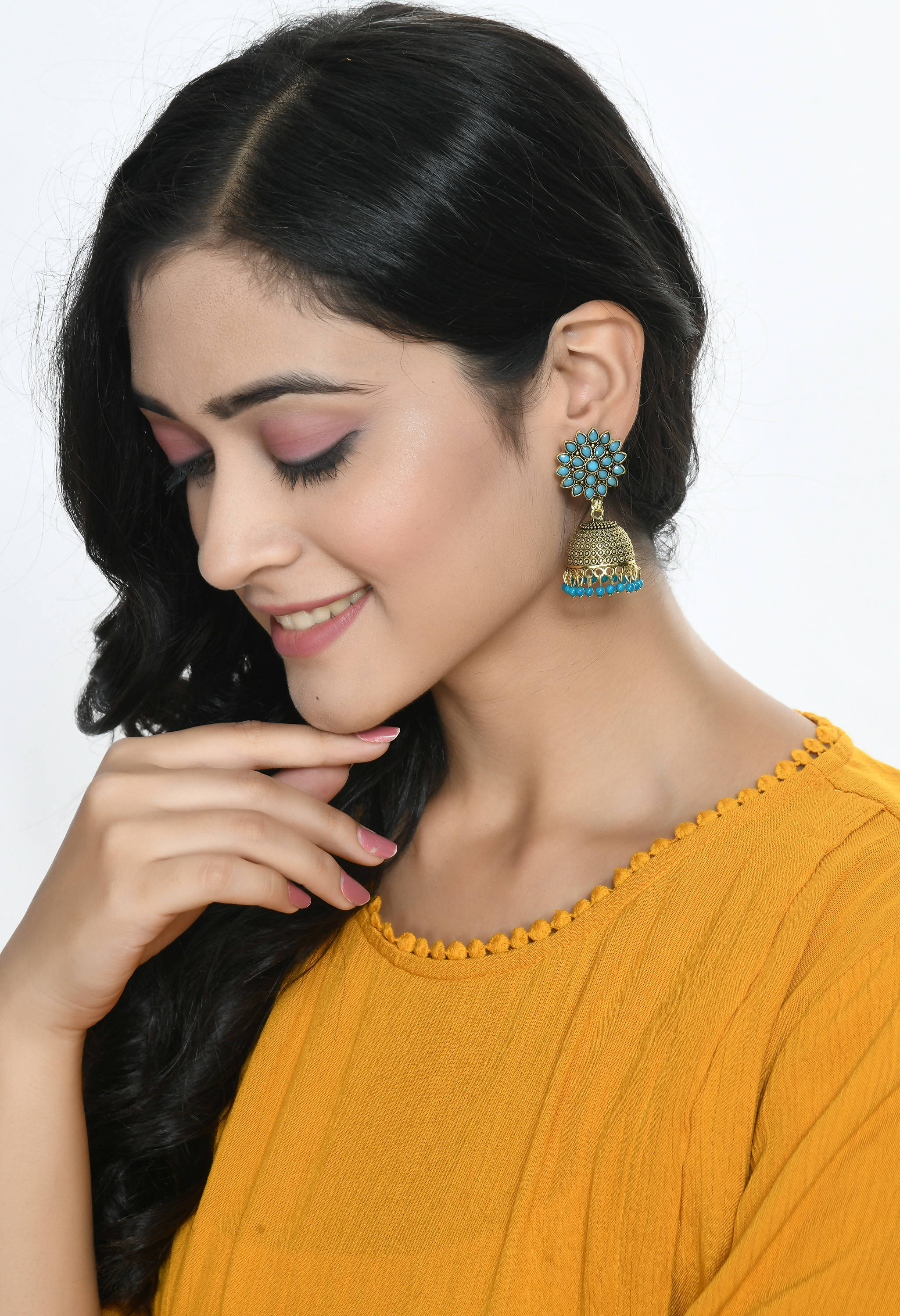 Johar Kamal Kundan Jhumka Earrings with Sky Blue Beads