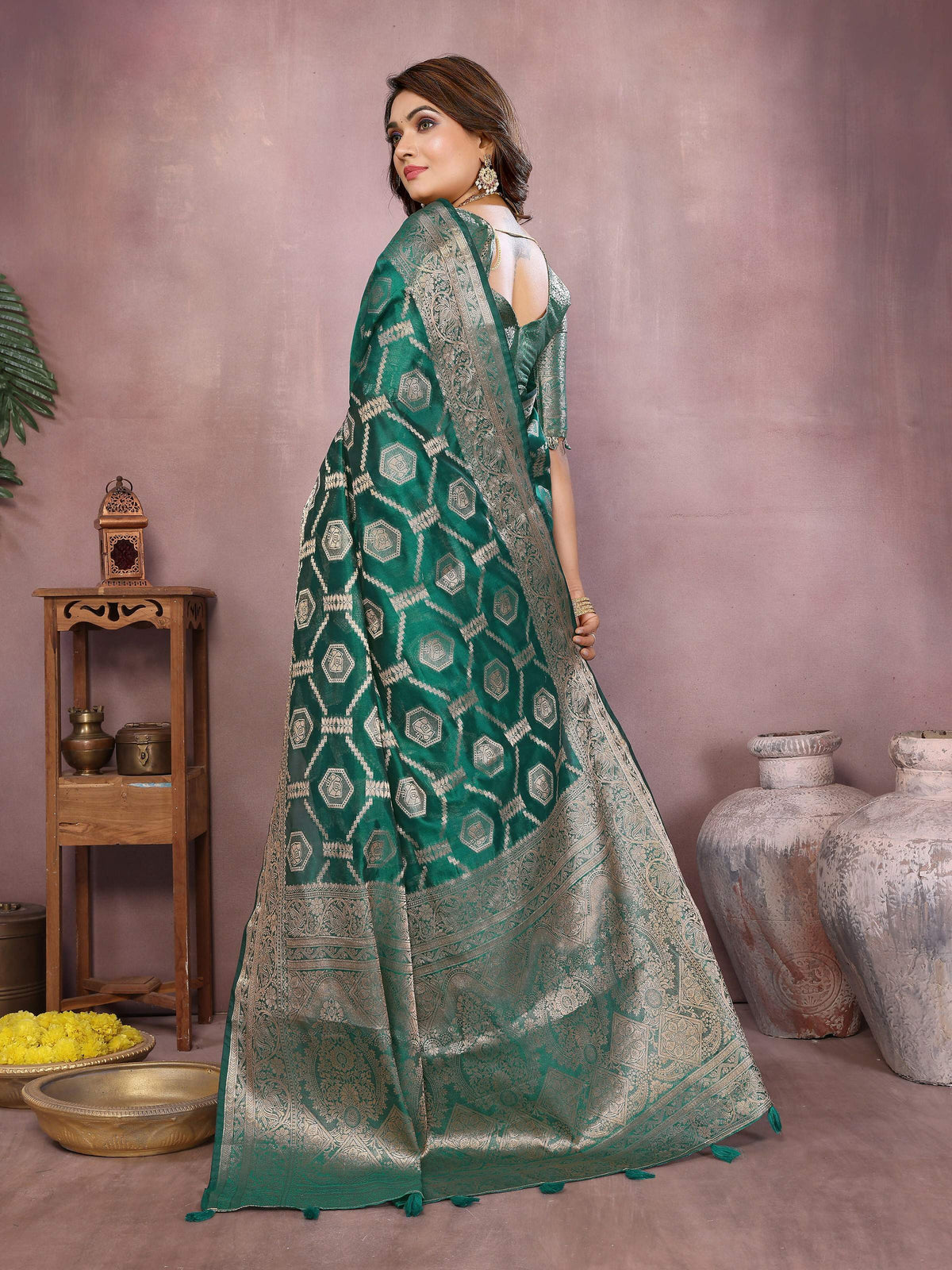 Light Green Soft Organza Silk Saree with Woven Details