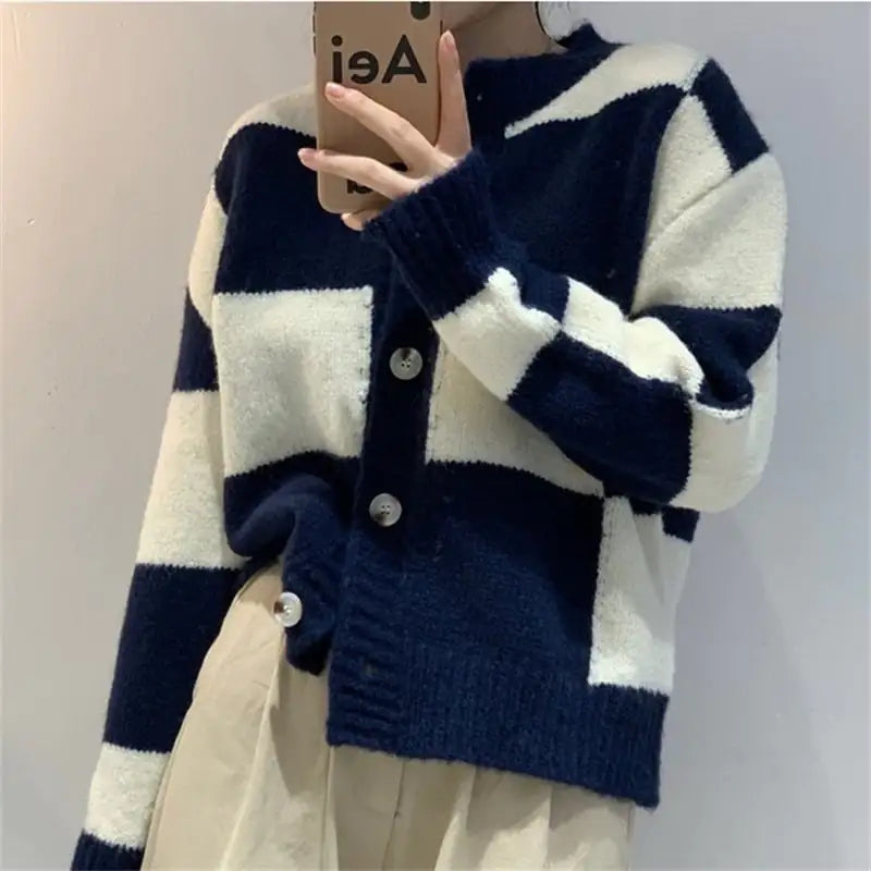 Women's Loose Checkered Button-Up Knit Cardigan Sweater - Image 2