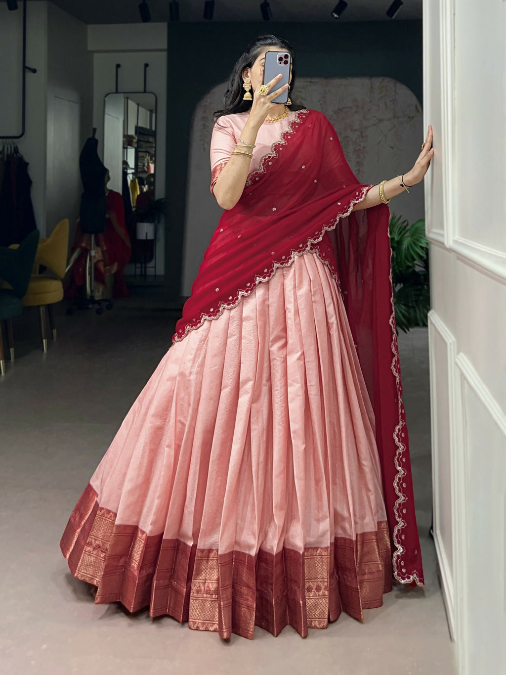 Peach Cotton Silk Lehenga Choli Set with Zari Weaving