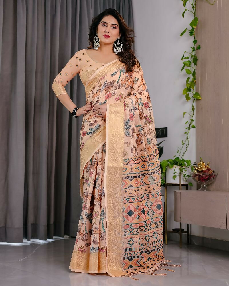 Cream Pure Handloom Linen Saree with Matching Blouse Piece
