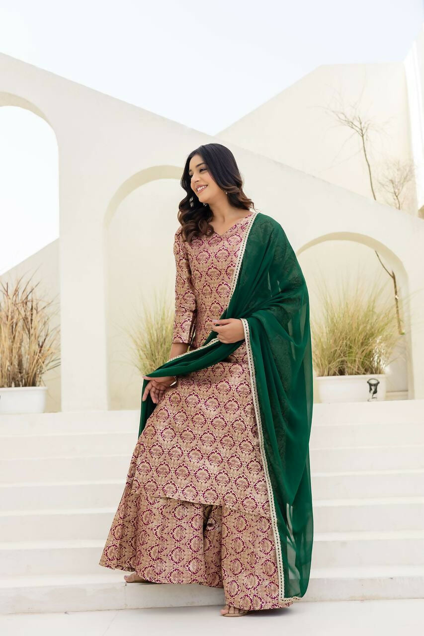 Peach Jacquard Embroidered Sharara Set with Classic Appeal