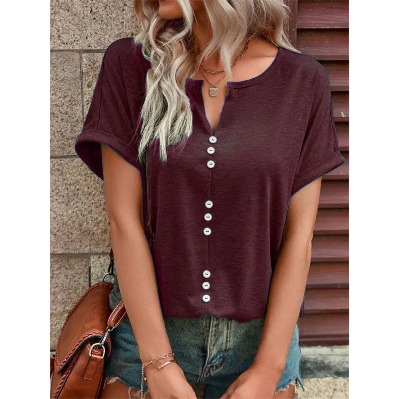 Women's V-Neck Short Sleeve Button-Down Casual Summer Blouse