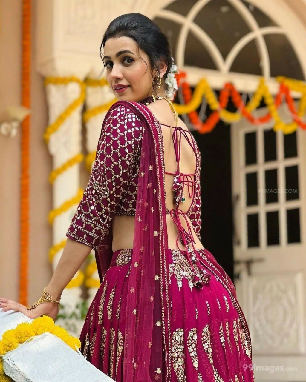 Cherry Red Faux Georgette Jari Embroidered Lehenga Choli Set