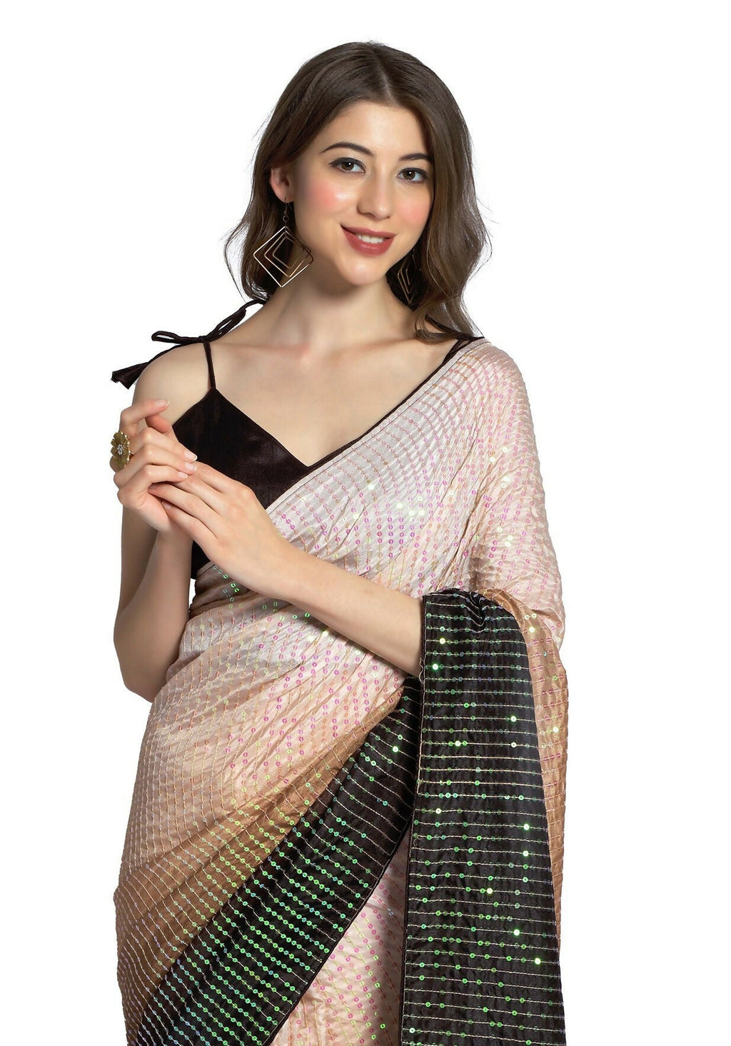 Cream Vichitra Silk Embroidered Party Wear Saree