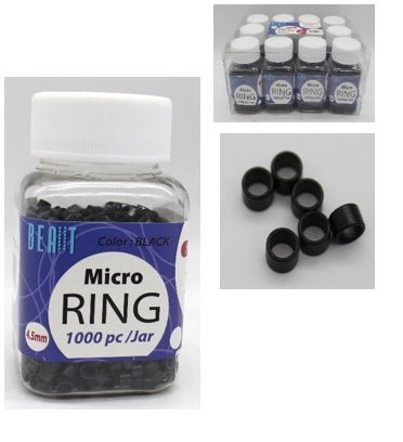 Jar of 1000 pieces of 4.5mm black micro-rings for hair extensions