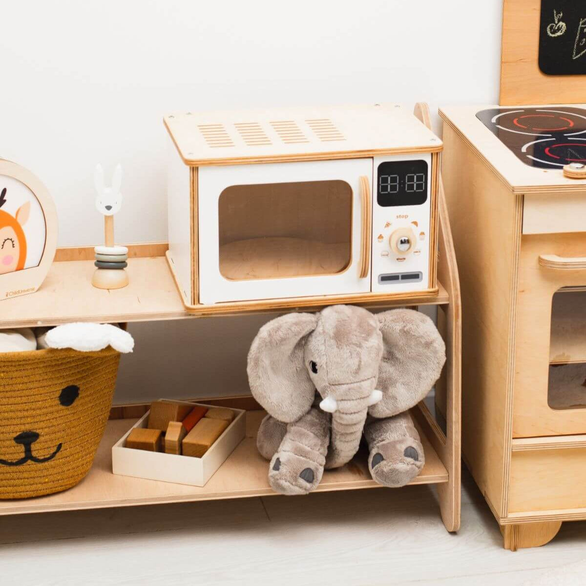 Minimalist Wooden Microwave Toy in Light-Wood and White