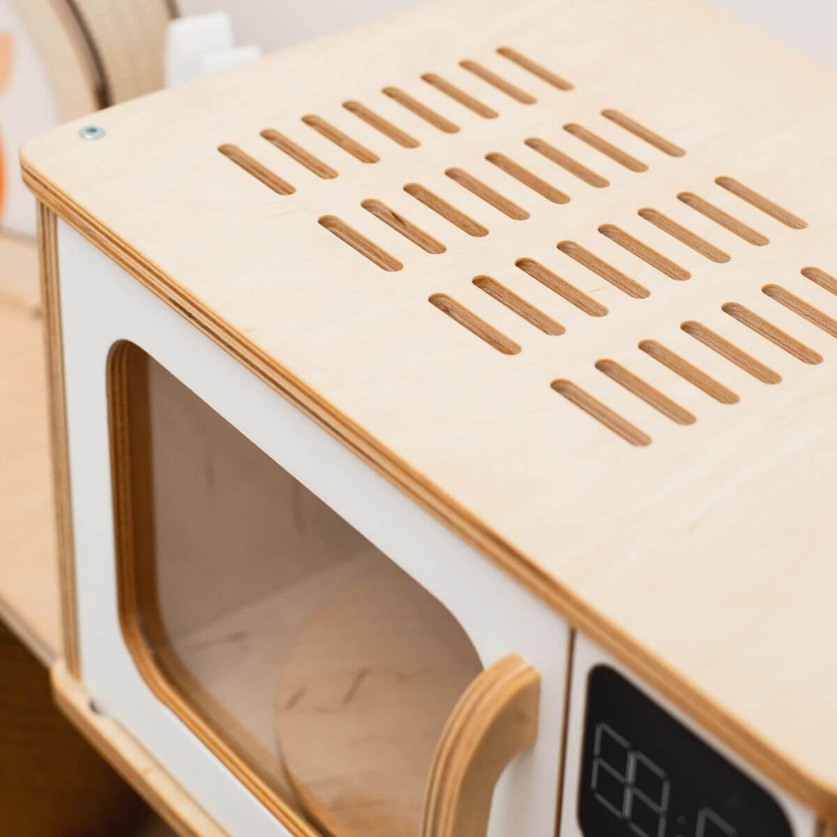 Minimalist Wooden Microwave Toy in Light-Wood and White