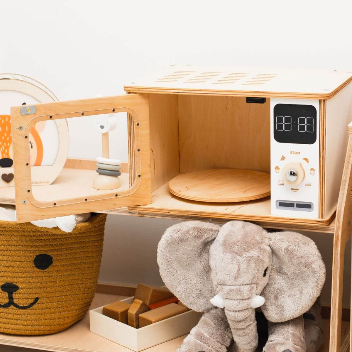Minimalist Wooden Microwave Toy in Light-Wood and White