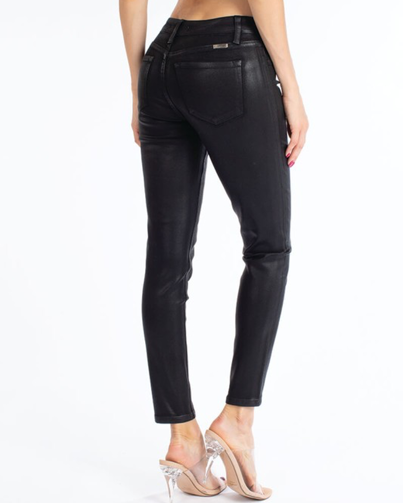 Mid Rise Coated Denim Super Skinny Jeans in Black