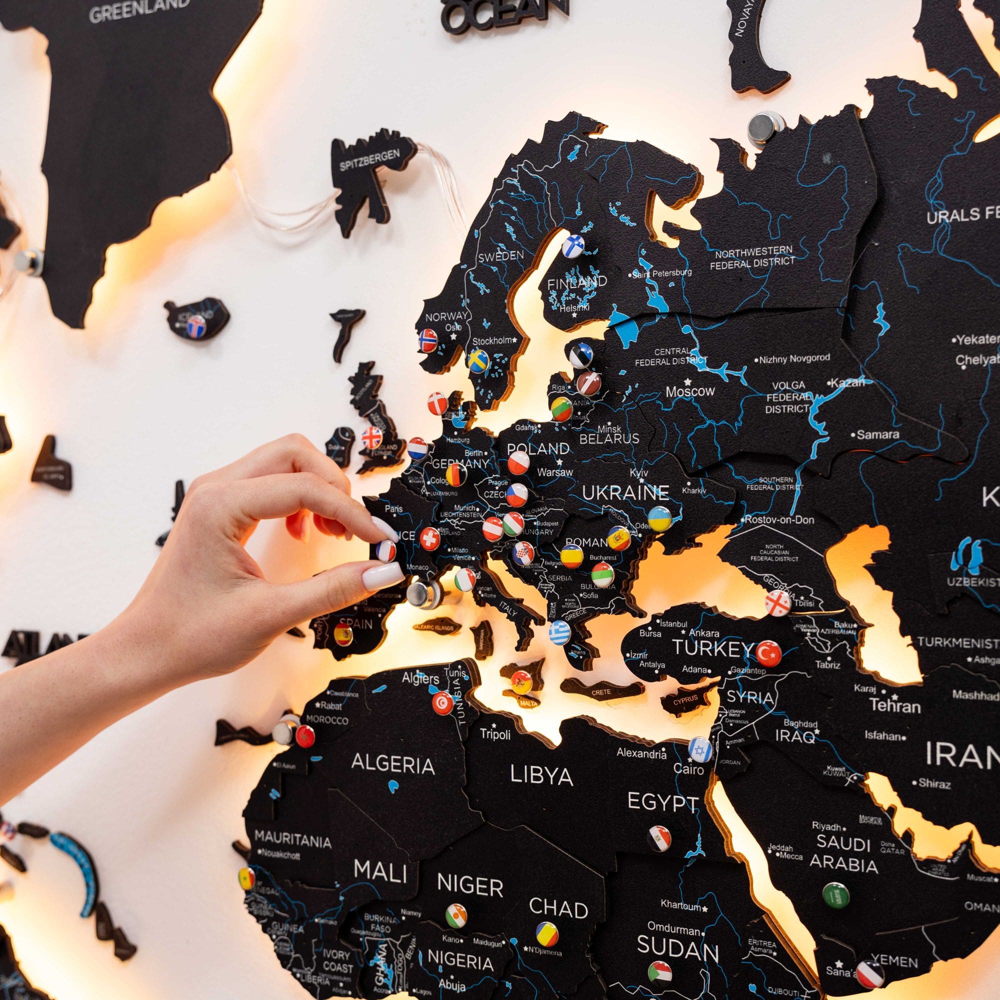 3D LED Wooden World Map 3.0 Midnight Edition with Smart Lighting