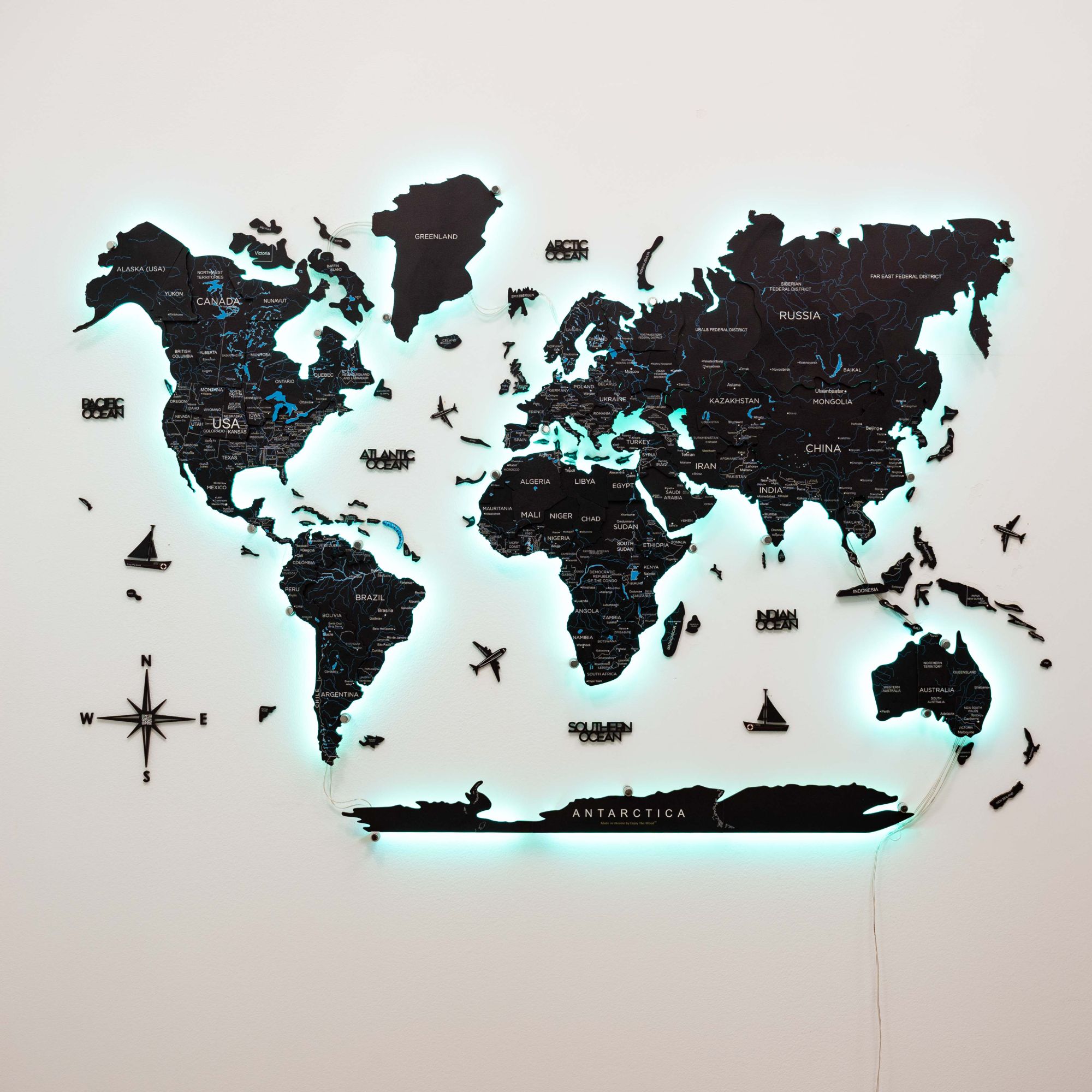 3D LED Wooden World Map 3.0 Midnight Edition with Smart Lighting