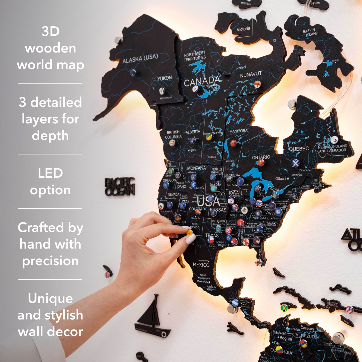 3D LED Wooden World Map 3.0 Midnight Edition with Smart Lighting