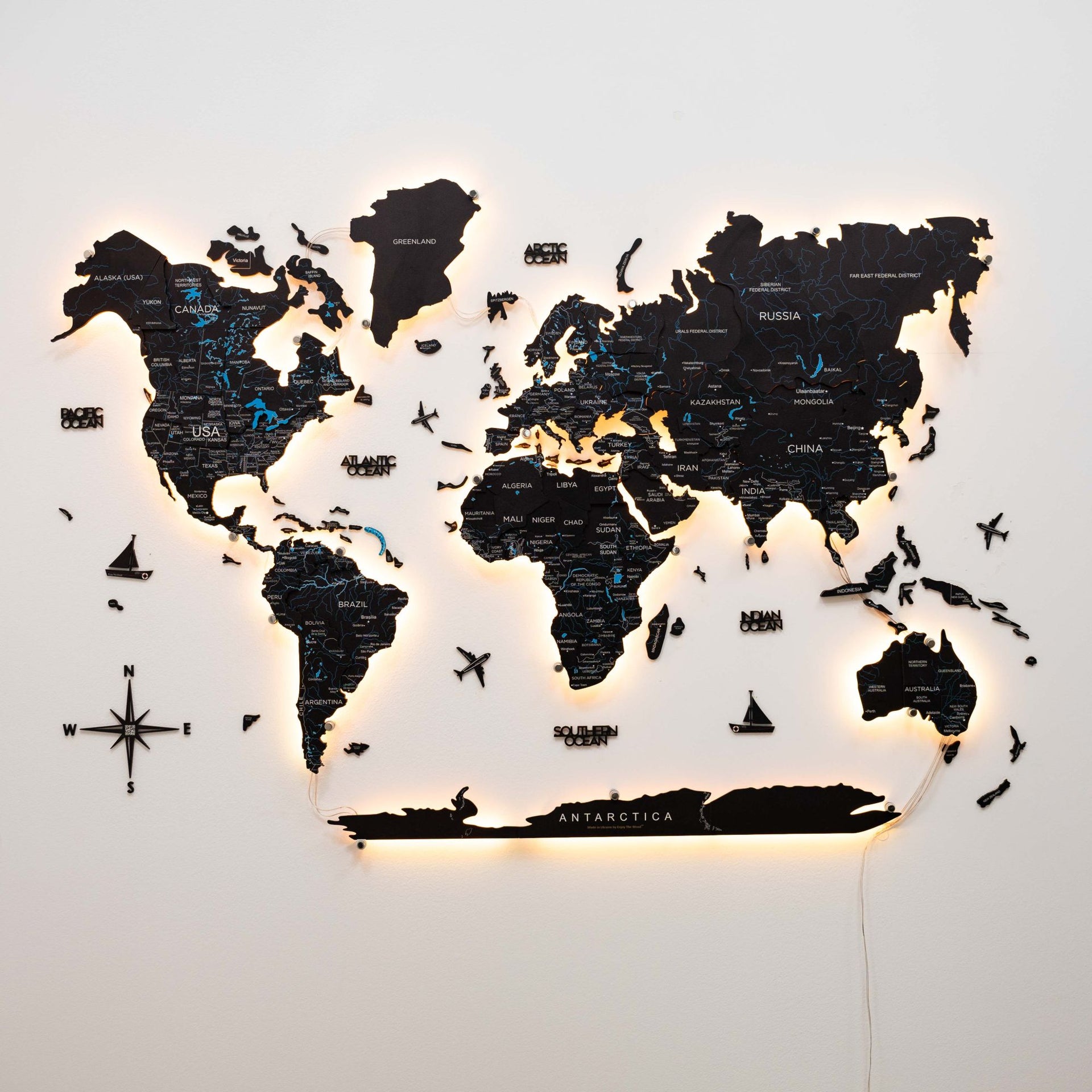 3D LED Wooden World Map 3.0 Midnight Edition with Smart Lighting