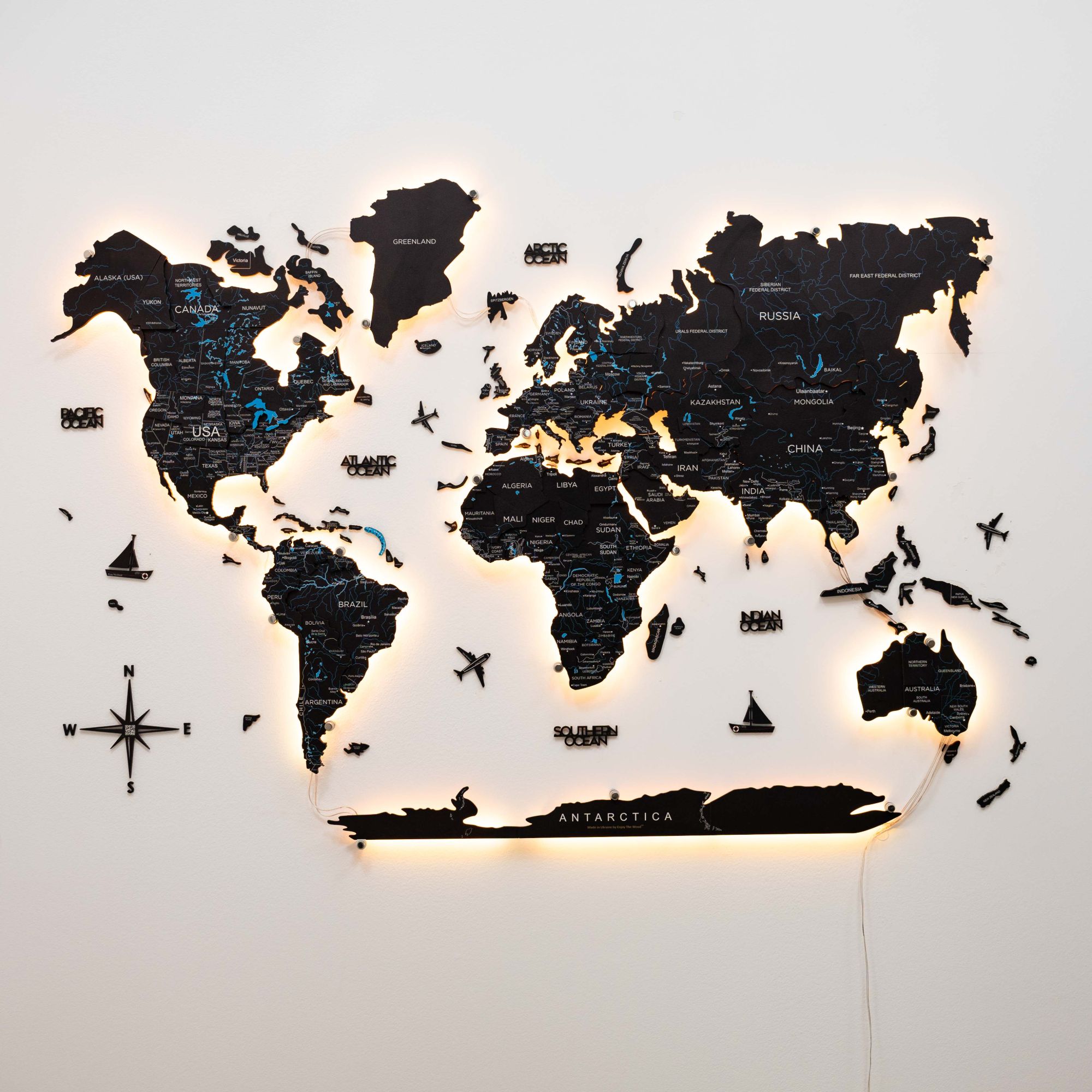 3D LED Wooden World Map 3.0 Midnight Edition with Smart Lighting