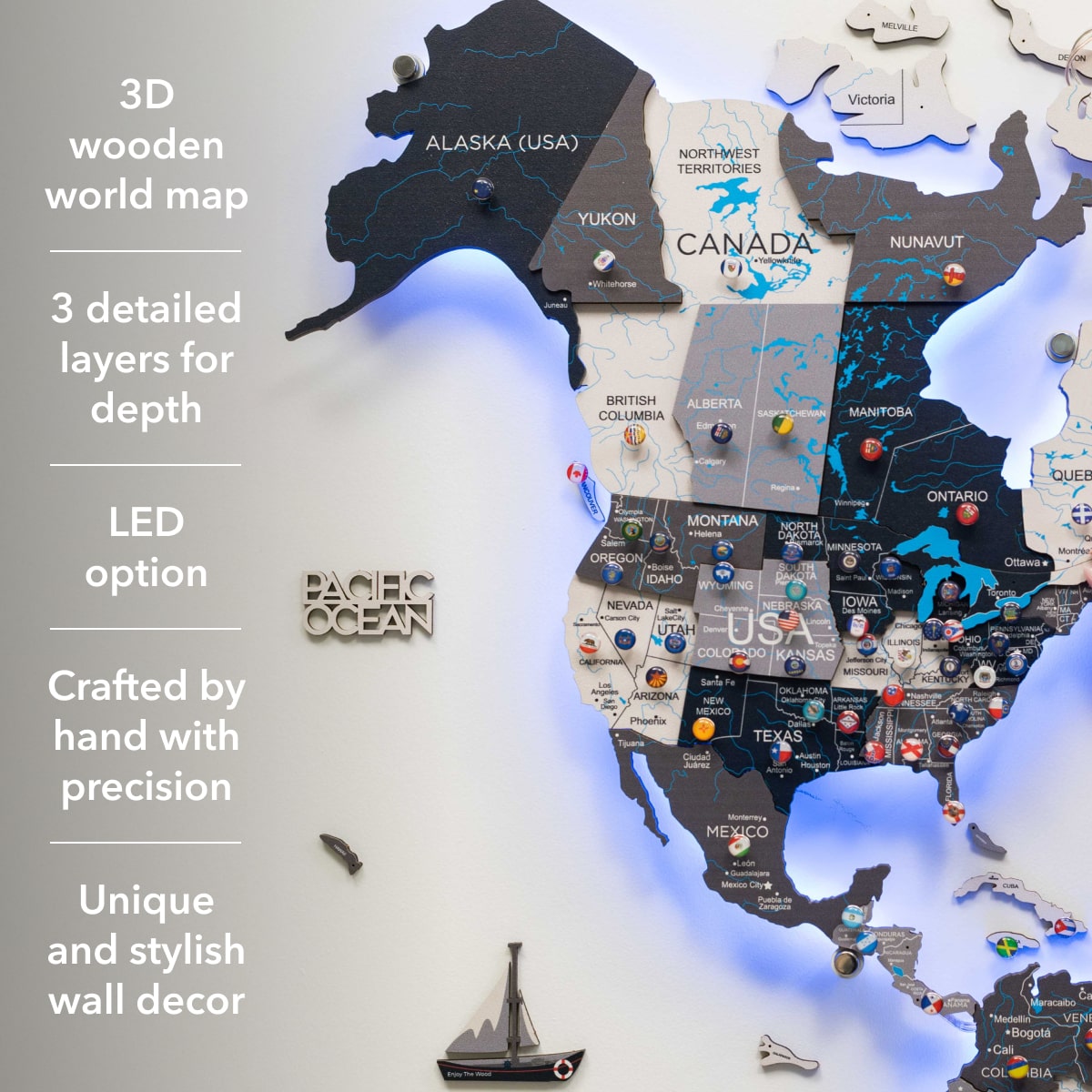 3D LED Wooden World Map Wall Art with Interactive Smart Backlight